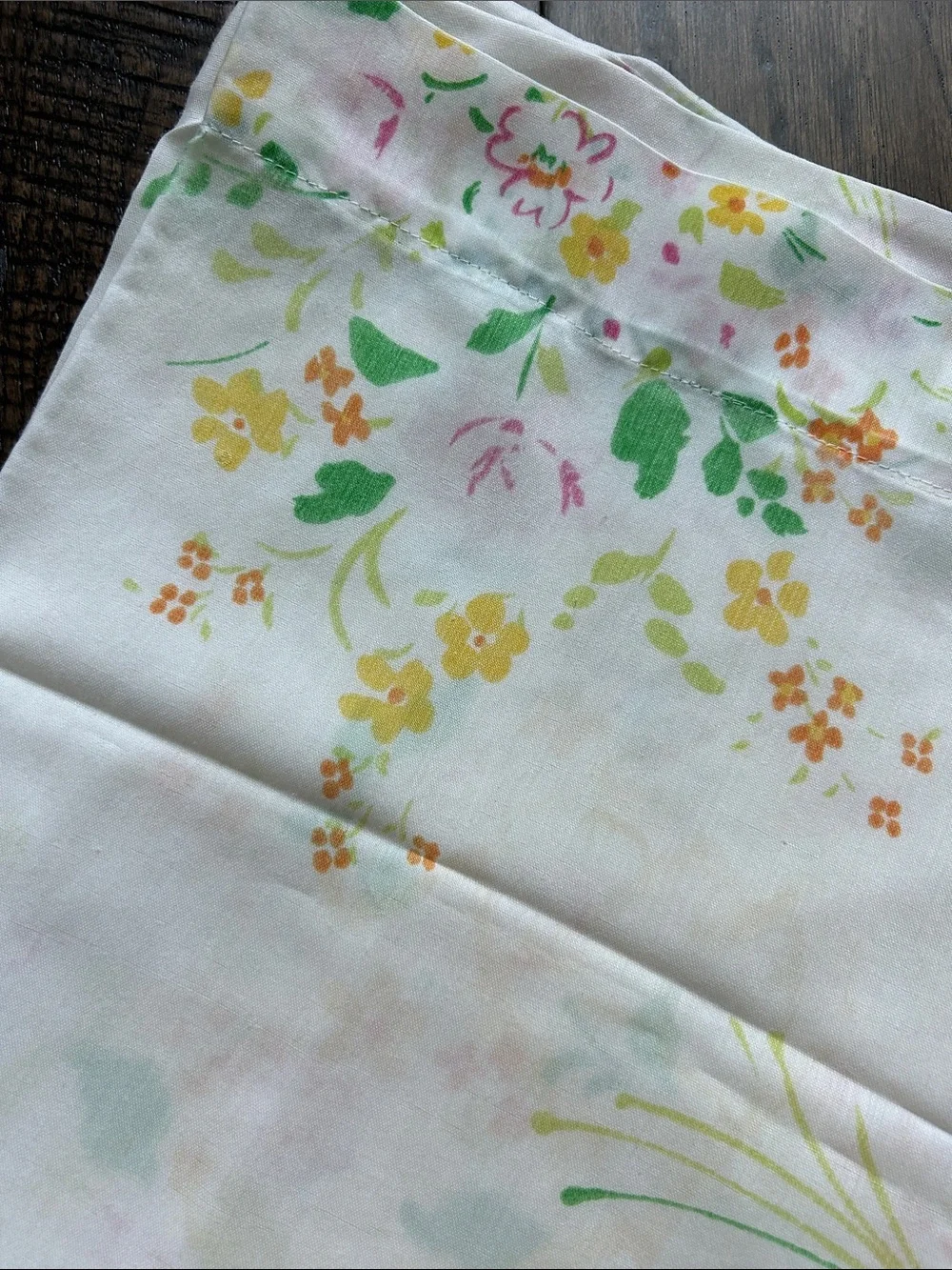 Vintage Floral Pillowcase in White with Yellow, Green, and Pink Accents